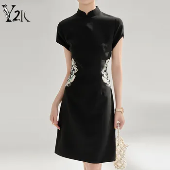 Odjeća Y2K ljetnim vintage haljina midi s cvjetnog vezom, tanke crne haljine midi za žene u retro stilu, ženske haljine sa rol-bar, ogrtač - Slika 1  