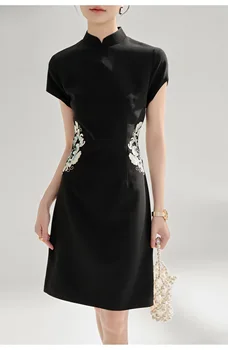 Odjeća Y2K ljetnim vintage haljina midi s cvjetnog vezom, tanke crne haljine midi za žene u retro stilu, ženske haljine sa rol-bar, ogrtač - Slika 2  