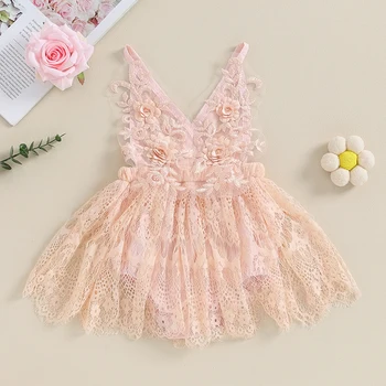 Čipkan haljina-kombinezon za novorođene djevojčice s nabora na leđima, bodi s cvjetnog mreže, čipka suknja, odjeća od princeza - Slika 2  
