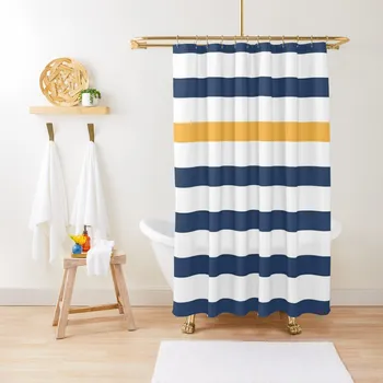 Plave i bijele pruge sa žute zavjese za tuširanje, Prozirna zavjesa za tuš u kupaonici - Slika 1  