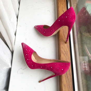 Ženske ružičaste cipele od флока sa sjajnim šljokicama, svadbene cipele na visoku petu s oštrim vrhom, elegantne cipele-brod na ukosnica - Slika 1  