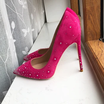 Ženske ružičaste cipele od флока sa sjajnim šljokicama, svadbene cipele na visoku petu s oštrim vrhom, elegantne cipele-brod na ukosnica - Slika 2  