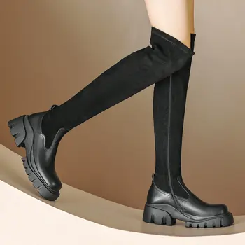 Ženske čizme do koljena od prave kože u zapadnom stilu, zimske cipele na debelom visoke potpetice i platforme, ženske svakodnevne moto čizme 34-40 - Slika 1  