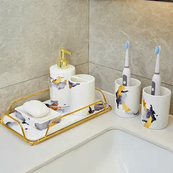 Set keramičkih pribor za kupaonice, Dozator sapuna Držač četkica za zube, Sapun, vatu, Potrepštine za kupaonicu za aromaterapiju - Slika 1  