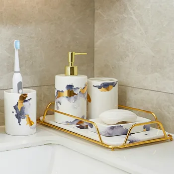 Set keramičkih pribor za kupaonice, Dozator sapuna Držač četkica za zube, Sapun, vatu, Potrepštine za kupaonicu za aromaterapiju - Slika 2  
