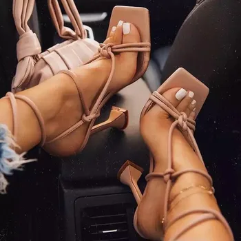 2024 Traf, Trendy ženske sandale na veliko, ružičaste cipele-brod na visoku petu sa uvezivanje, ljetni čubar cipele ručne izrade - Slika 1  
