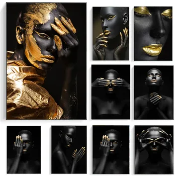Afrički crno-zlatne ženske zidni umjetničkih plakata i grafika na platnu, ženski portret, moderna slika za dnevni boravak Cuadros - Slika 1  