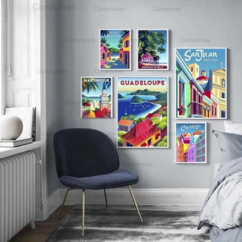 Modni retro-turistički plakat Karipski grad, мультяшный krajolik, plakata i grafika, slika na platnu, zid umjetničku sliku, uređenje kuće - Slika 1  