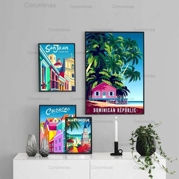 Modni retro-turistički plakat Karipski grad, мультяшный krajolik, plakata i grafika, slika na platnu, zid umjetničku sliku, uređenje kuće - Slika 2  