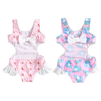 Dječja bikini za novorođene djevojčice, kupaći kostim bez rukava s U-neck i po cijeloj površini trešnje/ dupina za ljetne plaže 6 M-4 T - Slika 1  