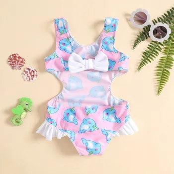Dječja bikini za novorođene djevojčice, kupaći kostim bez rukava s U-neck i po cijeloj površini trešnje/ dupina za ljetne plaže 6 M-4 T - Slika 2  