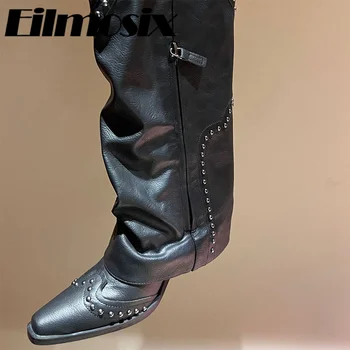 Kaubojske čizme u western stilu u retro stilu stare proizvodnje sa zakovicama, ženske cipele na debelim petama od prave kože munje, Ženske cipele s oštrim vrhom i rukavima za hlače - Slika 1  