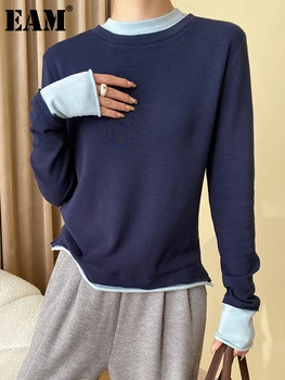 [EAM] Ženska casual majica veličine s ekranom u boji blok, Novi modni majica okruglog izreza i dugih rukava, Proljeće-jesen 2024, 1DH3395 - Slika 1  