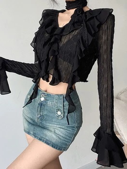 Seksi prozirne bluze, Ženski ljeto skraćeni vrhovima crne mrežaste расклешенными rukavima, Korejski modni majice s nepravilnim nabora, vanjska odjeća Y2k - Slika 1  
