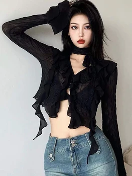Seksi prozirne bluze, Ženski ljeto skraćeni vrhovima crne mrežaste расклешенными rukavima, Korejski modni majice s nepravilnim nabora, vanjska odjeća Y2k - Slika 2  