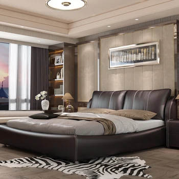 Talijanski minimalistički, moderan, jednostavan svjetlo, luksuzna spavaća soba s kožnim krevetom površine 1 m 8, osvijetljeni namještaj za 2 osobe Sa pretincem za pohranu - Slika 1  