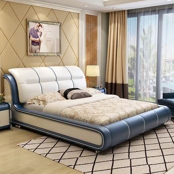 Talijanski minimalistički, moderan, jednostavan svjetlo, luksuzna spavaća soba s kožnim krevetom površine 1 m 8, osvijetljeni namještaj za 2 osobe Sa pretincem za pohranu - Slika 2  
