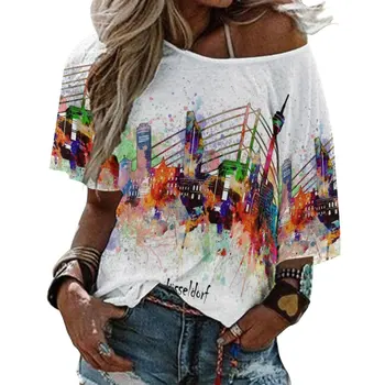 Majica kratkih rukava Dusseldorf Skyline sa рюшами, ženske majice, modne svakodnevne košulje Dusseldorf Dusseldorf Skyline - Slika 1  