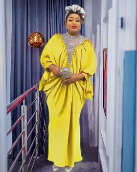 2023 Afričke vjenčanice za žene, Ljetno Elegantna Duga haljina od poliestera žute boje s okruglog izreza i 3/4 rukava, Afrički ogrtač - Slika 2  