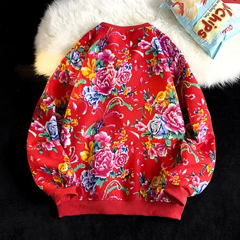 Jesensko-zimska moda Kineski stil Sjevero-Istok Velike cvijeće Džemper dugih rukava, topla vrhovima Unisex s okruglog izreza - Slika 2  