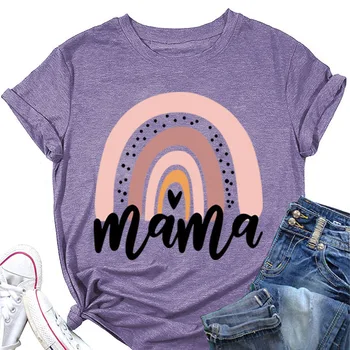 Majica sa natpisom Mama Rainbow Love s kratkim rukavima i slobodan po cijeloj površini - Slika 2  