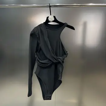 Getspring Ženska Majica Sa dugim Rukavima Na Jedno rame, Crno-bijela Majica, t-Shirt Asymmetric, Ženski Top, Majice 2023 - Slika 2  