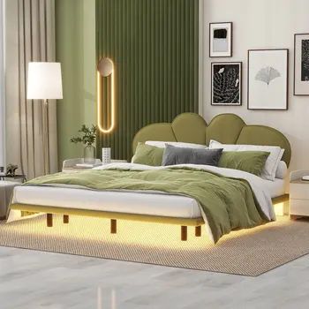 Krevet-platforma s presvlakama u punoj veličini / Queen Size kreveta sa uzglavljem od umjetne kože i potpornim nogama, led pozadinsko osvjetljenje ispod kreveta - Slika 1  
