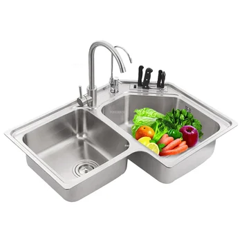 Kuhinjski sudoperi od nehrđajućeg čelika, Pribor za kućne kutu kuhinje, jednostavna dvostruka umivaonik, sudoper s mat površinom u obliku balkona - Slika 1  