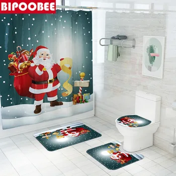 Sretan Božić, Zavjese za kadu, Djed Mraz, Zavjese za tuširanje, Skup prostirke za kupatilo, Tepisi, izdržljiv нескользящий tepih, Poklopac wc-a, Božićni dekor - Slika 1  