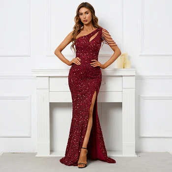 YIDINGZS Seksualno бордовое haljinu s prorezom i šljokice, donje duge večernja haljina s beaded na jedno rame, večernja haljina Maxi za stranke - Slika 1  