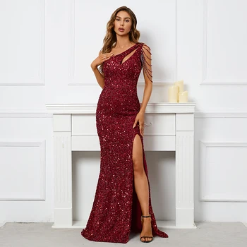 YIDINGZS Seksualno бордовое haljinu s prorezom i šljokice, donje duge večernja haljina s beaded na jedno rame, večernja haljina Maxi za stranke - Slika 2  
