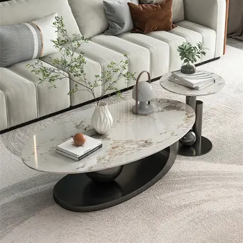 Talijanska kamena ploča, ovalni stolići, stolić za mali stan, jednostavan Luksuzni minimalistički Dizajn stolić za dnevni boravak - Slika 1  