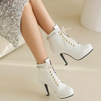 Jesen-zima, Novih stilova, trendy ženske cipele na visoku petu cipele, čvrste, s cross uvezivanje, sažete, s okruglim vrhom, na trgu petu, Moderne čizme visine 11 cm - Slika 2  