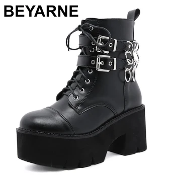 Nove ženske kožne jesenje cipele na блочном petu, gotički crne cipele na platformu u stilu punk, ženske cipele, Kvalitetne ženske cipele - Slika 1  