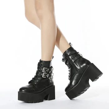 Nove ženske kožne jesenje cipele na блочном petu, gotički crne cipele na platformu u stilu punk, ženske cipele, Kvalitetne ženske cipele - Slika 2  