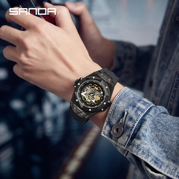 SANDA Luksuzni Mehanički sat s automatskim sustavom za muškarce, poslovna moda, originalnost, udoban ručni sat sa silikonskim kopčom Reloj Hombre - Slika 2  