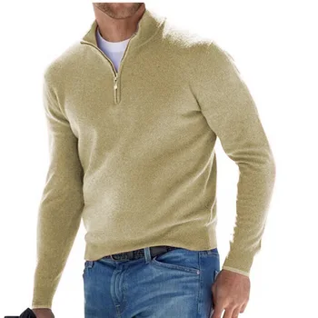 Novi jesenski muške casual džemper dugih rukava i V-izrez na runo munje, majica polo, однотонный nalik na Tanak topli džemper - Slika 1  