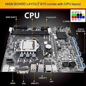 B75 12 Kartica Matična ploča za майнинга BTC CPU + Kabel za prebacivanje + 2X SATA kabel 12 USB3.0 Do otvora za kartice pci-e GPU LGA1155 DDR3 RAM-a SATA3.0 - Slika 2  
