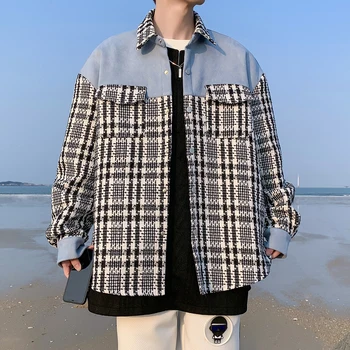 Novi pad muška jakna u korejskom stilu, dva džepa, отложной ovratnik, kontrast uličnu odjeću u лоскутную kavez, casual odjeća, kaputi za muškarce - Slika 1  