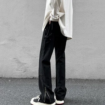 Vibe Američki ulični hlače Ins High Street Fashion Crne traperice na munje, gospodo izravne thin mini-hlače-zvono dno - Slika 1  