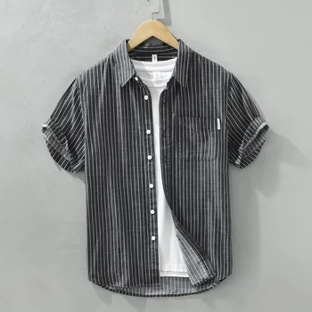 Jednostavna ljetna muška majica s kratkim rukavima, Trendy i Casual Top u svježu traka, Udobna univerzalna košulju od čistog pamuka, muška odjeća - Slika 1  