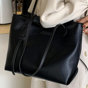 Ženska crna velika torba-тоут od kvalitetne umjetne kože sa uzorkom liči, ženska torba za kupovinu, ženske boxy vintage torbe preko ramena - Slika 1  