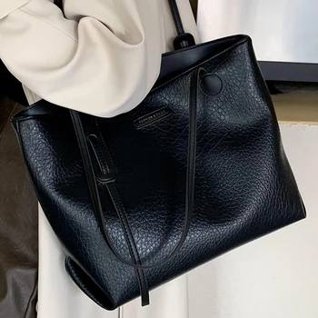 Ženska crna velika torba-тоут od kvalitetne umjetne kože sa uzorkom liči, ženska torba za kupovinu, ženske boxy vintage torbe preko ramena - Slika 2  