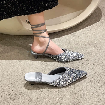 BCEBYL/ ljetne sandale s oštrim vrhom, ukrašena šljokicama, s cross-over remenom, novi modni svakodnevni ženske cipele na nisku petu Zapatos Mujer - Slika 1  