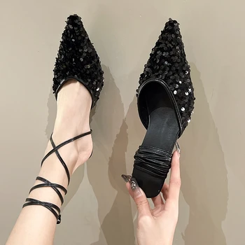 BCEBYL/ ljetne sandale s oštrim vrhom, ukrašena šljokicama, s cross-over remenom, novi modni svakodnevni ženske cipele na nisku petu Zapatos Mujer - Slika 2  