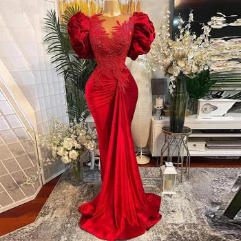 Seksi večernje haljine od crvene velur, izvezena perle, s bujne rukavima, Afričke vjenčanje pack, haljine za maturalnu večer u stilu Sirene, plus Veličina večernja haljina - Slika 1  