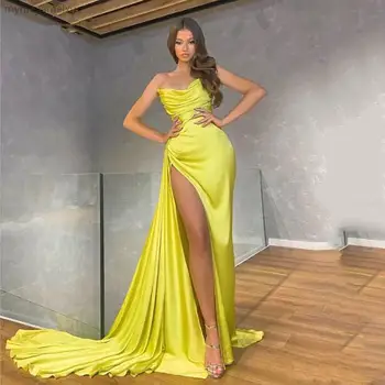 Seksi žuta duga večernja haljina Sirena s V-izrez 2023 bez naramenica s prorezom sa strane, haljina za prom haljina slavne osobe Dubaija, večernje haljine - Slika 1  