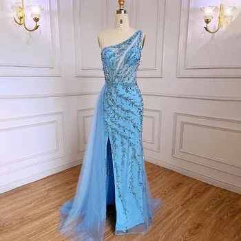 Wasisi Blue Seksi Sirena na jedno rame Elegantne arapski večernja haljina s beaded Ženske haljine za svadbene zurke 2024 FLA71653B - Slika 1  