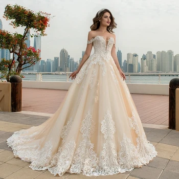 Vjenčanice Princeze Šampanjca s otvorenim ramenima, cvjetne čipke oblog, Večernje vjenčanice, Arapski Vjenčanje haljinu za mladenku - Slika 1  