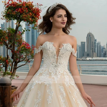 Vjenčanice Princeze Šampanjca s otvorenim ramenima, cvjetne čipke oblog, Večernje vjenčanice, Arapski Vjenčanje haljinu za mladenku - Slika 2  